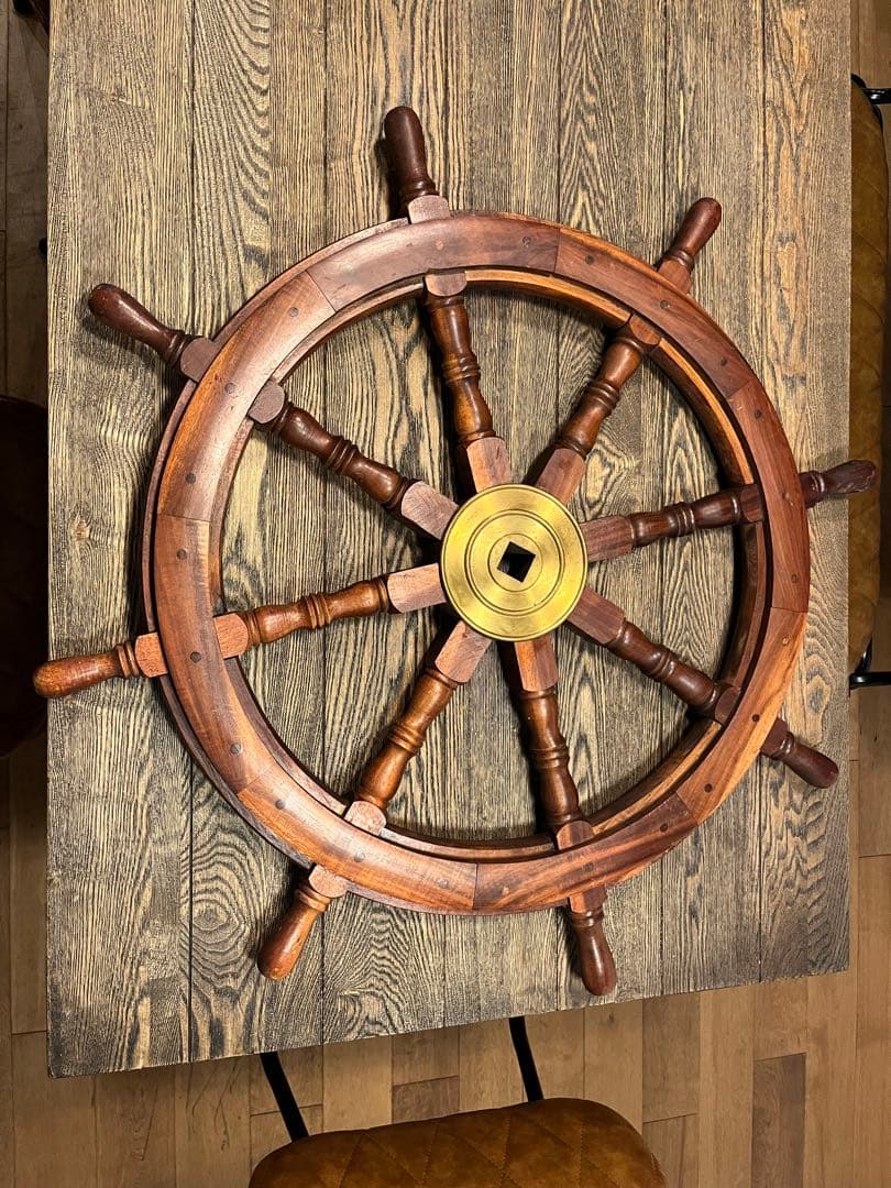 木製 舵輪 約82.5cm 真鍮装飾