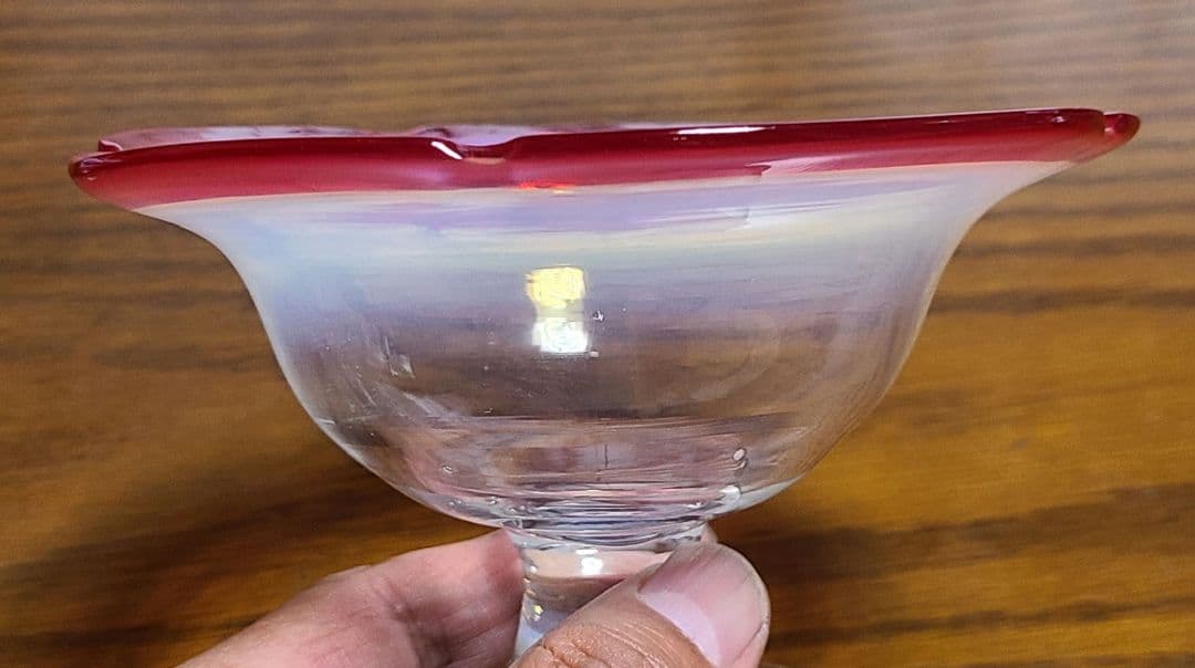 アンティーク　大正～昭和　乳白色　氷グラス　赤/青暈し　吹きガラス