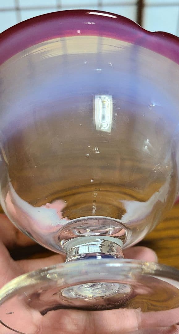 アンティーク　大正～昭和　乳白色　氷グラス　赤/青暈し　吹きガラス