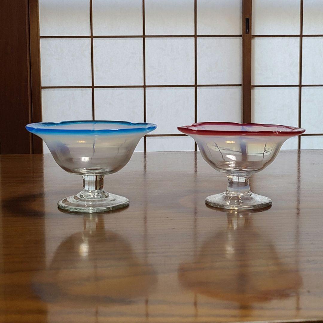 アンティーク　大正～昭和　乳白色　氷グラス　赤/青暈し　吹きガラス