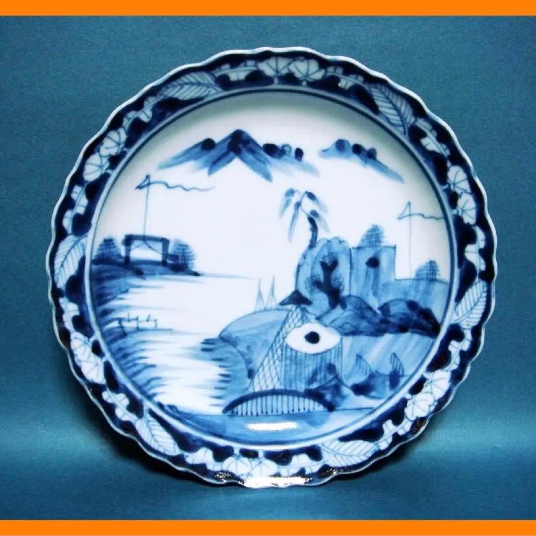 @@236『染付 山水 輪花皿』　/骨董品 古美術 古道具 アンティーク