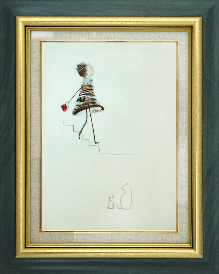 油絵菅家令子絵 絵画インテリア額付(青緑＋金色の枠)F4-040214猫親子女子