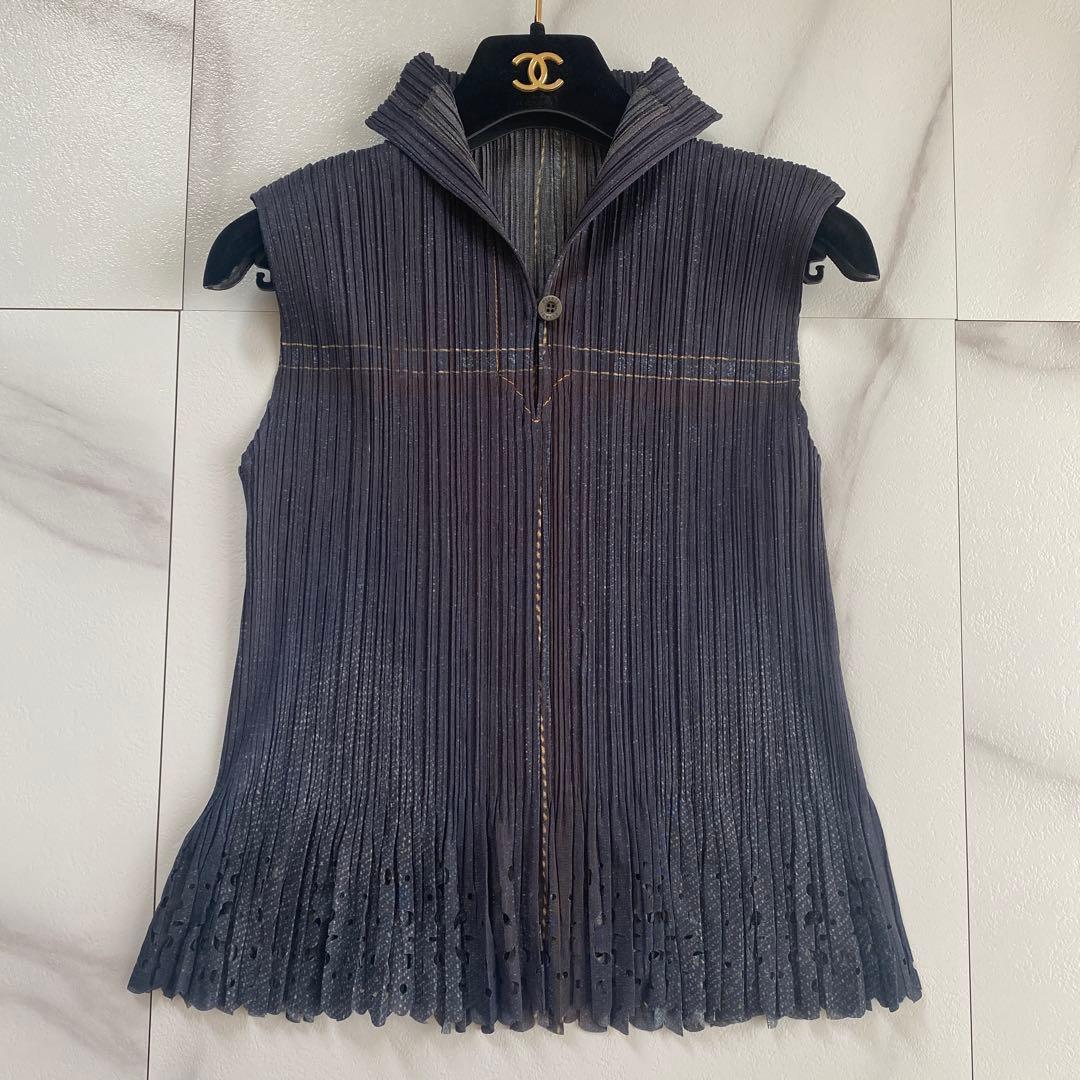 美品 希少 プリーツプリーズ イッセイミヤケ デニム 転写 ベスト ノースリーブ