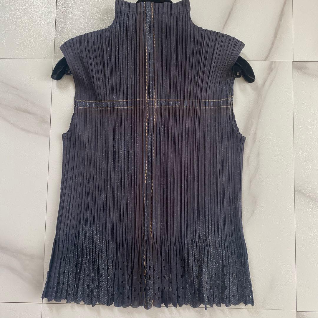 美品 希少 プリーツプリーズ イッセイミヤケ デニム 転写 ベスト ノースリーブ