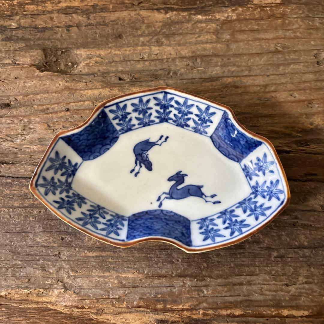 アンティーク変形小皿5点　明治　大正　印判染付古道具　検:白洲正子　李朝