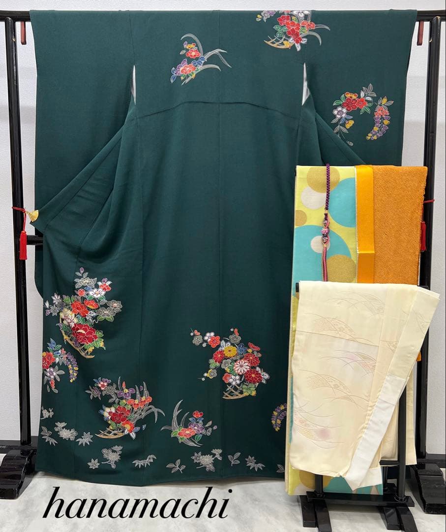 振り袖　フルセット　浜ちりめん　別誂長襦袢　深緑　個性的　友禅　成人式　717