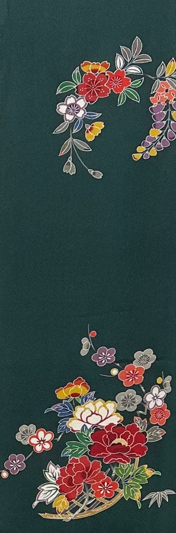 振り袖　フルセット　浜ちりめん　別誂長襦袢　深緑　個性的　友禅　成人式　717