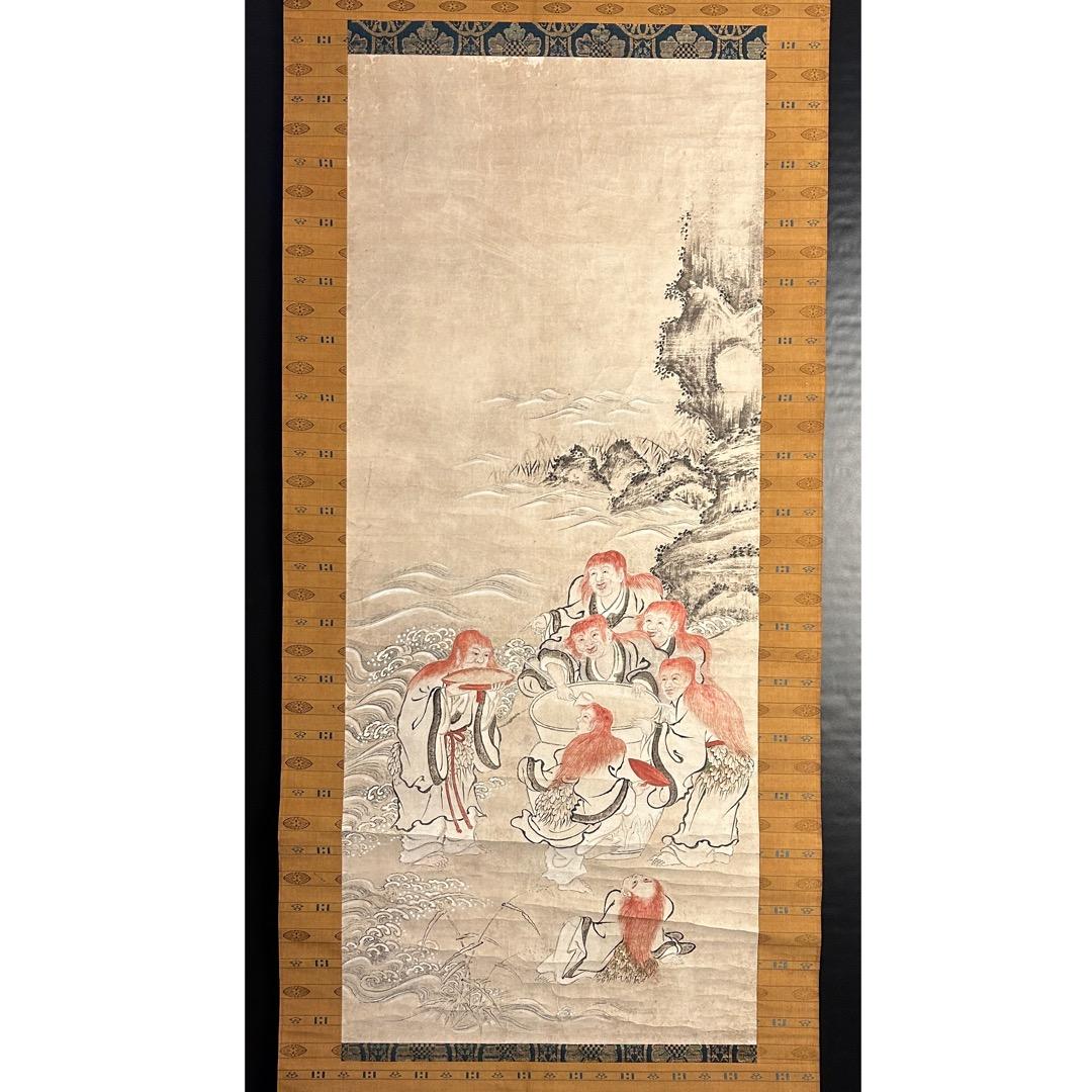 小栗宗丹 猩々酒汲之図 室町時代 幕府御用絵師 日本画 模写 Q-454