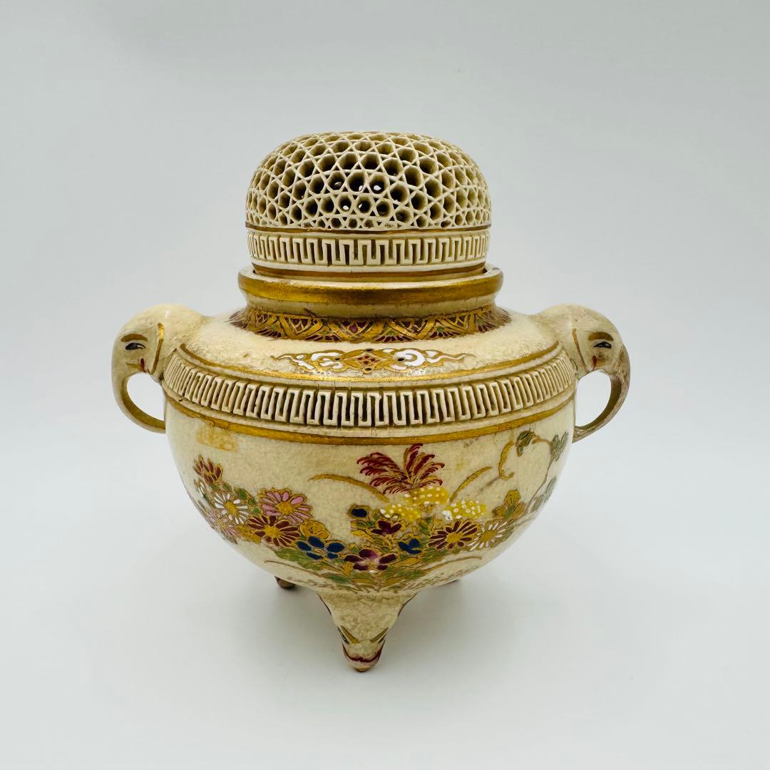 【白薩摩　光石窯　象耳香炉　色絵付け】骨董　アンティーク　インテリア