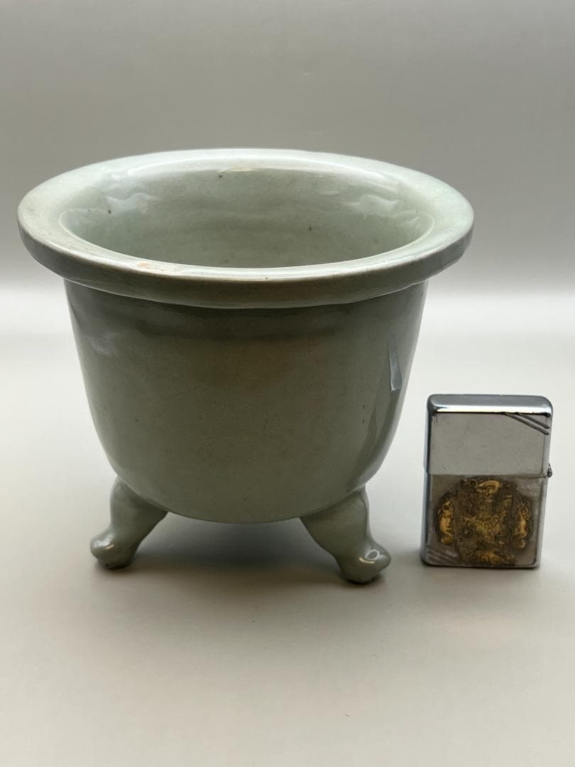 【海】李朝　青磁香炉　陰刻回字文　時代物　骨董品　李朝美術品