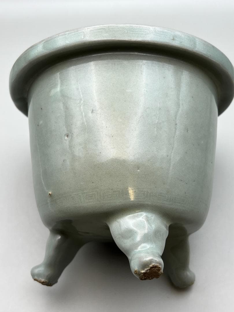 【海】李朝　青磁香炉　陰刻回字文　時代物　骨董品　李朝美術品