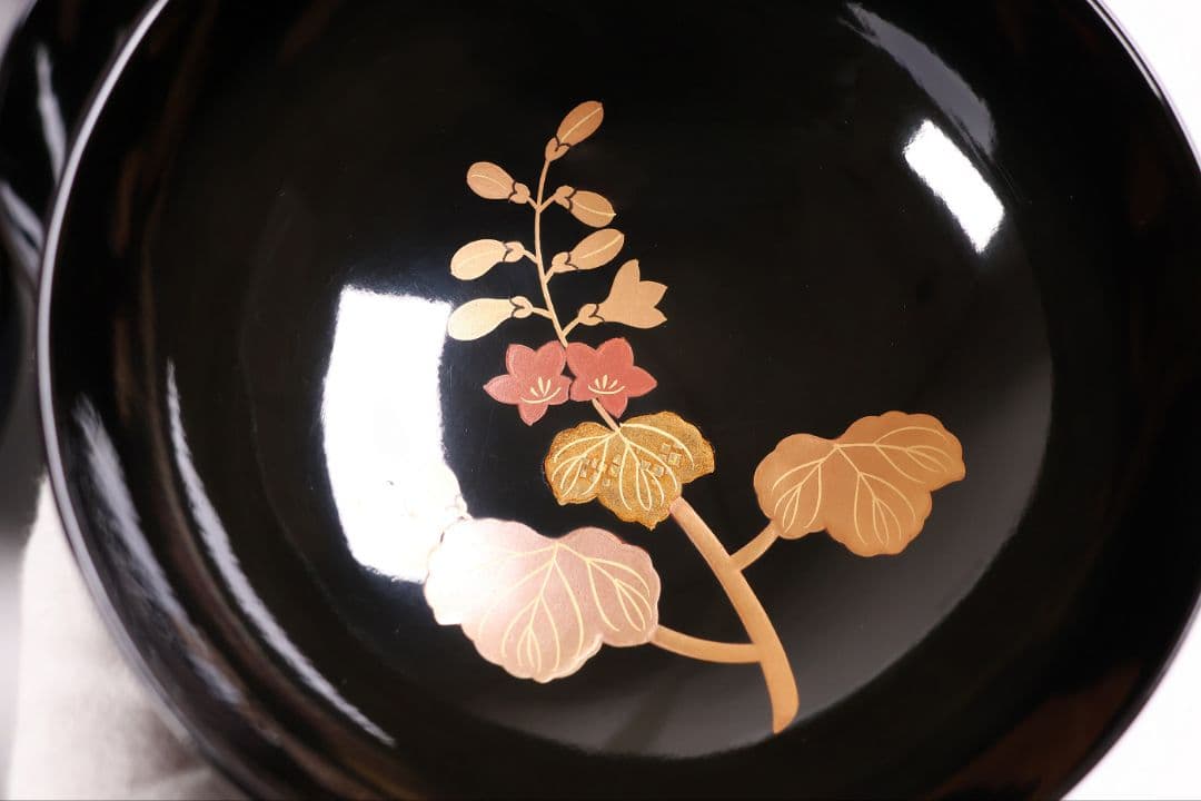 【CM402】天然木漆塗 菊桐鳳凰金蒔絵 黒塗 吸物椀 五客 昭和期 木製漆器