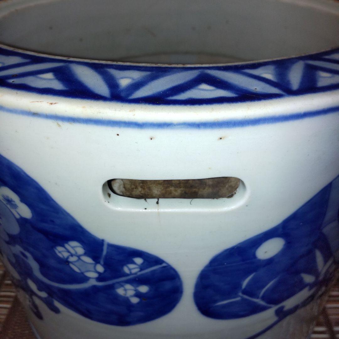 青い鳥と花模様の陶器 火鉢