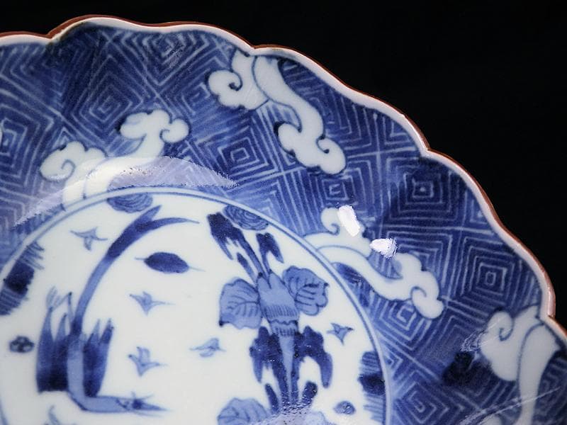 古伊万里　染付　雷紋に雲　花鳥紋の図　膾皿　２客　江戸期　E411AS-CEz