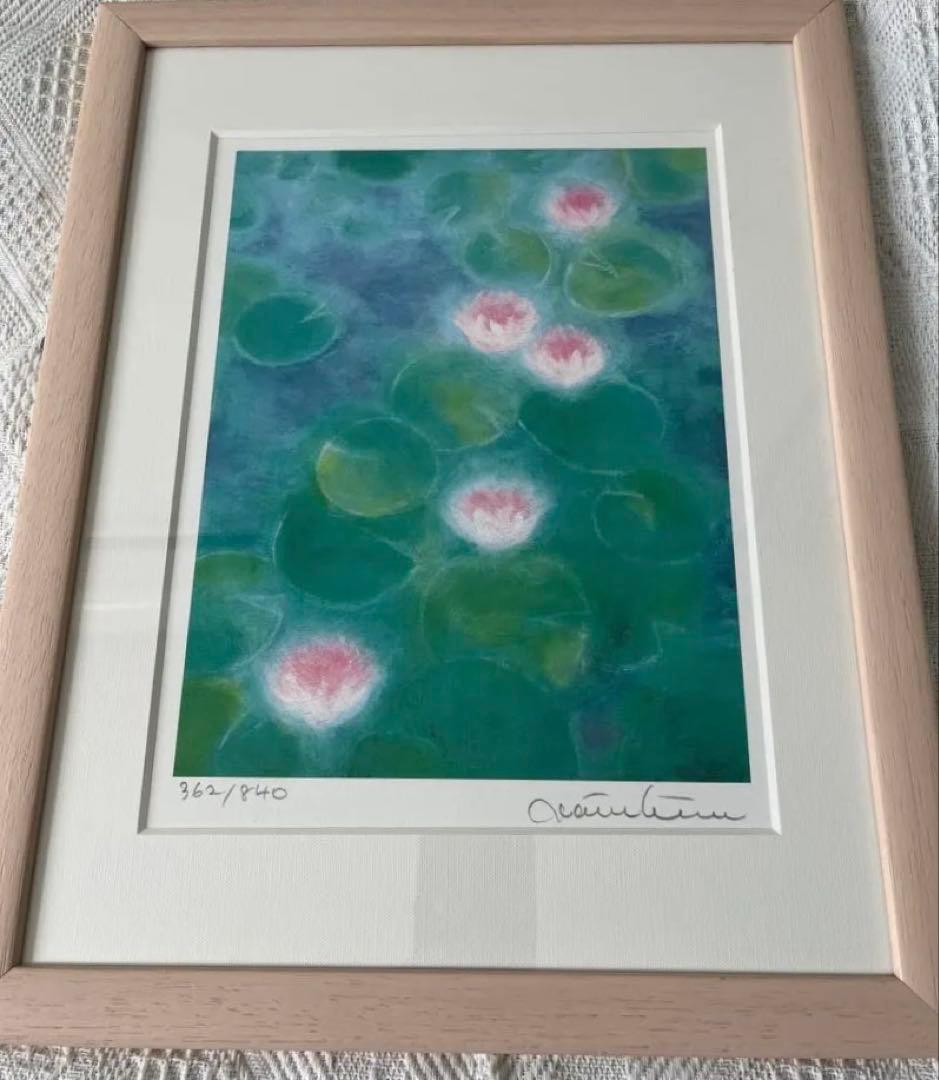 版画　限定　サイン、エデション番号有　額入り　蓮　グリーン系　ジニーキム　睡蓮