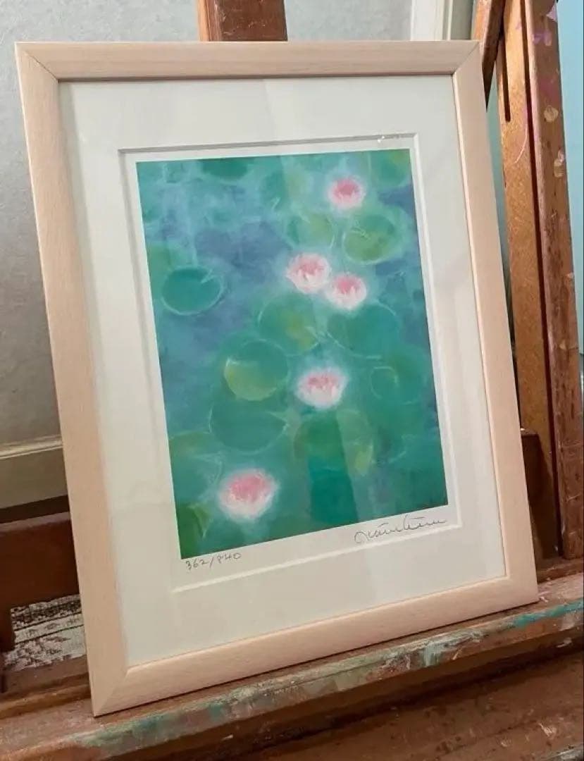 版画　限定　サイン、エデション番号有　額入り　蓮　グリーン系　ジニーキム　睡蓮