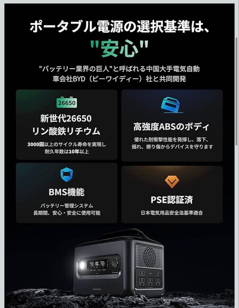 UGREEN ポータブル電源 リン酸鉄 680Wh 蓄電池 600W