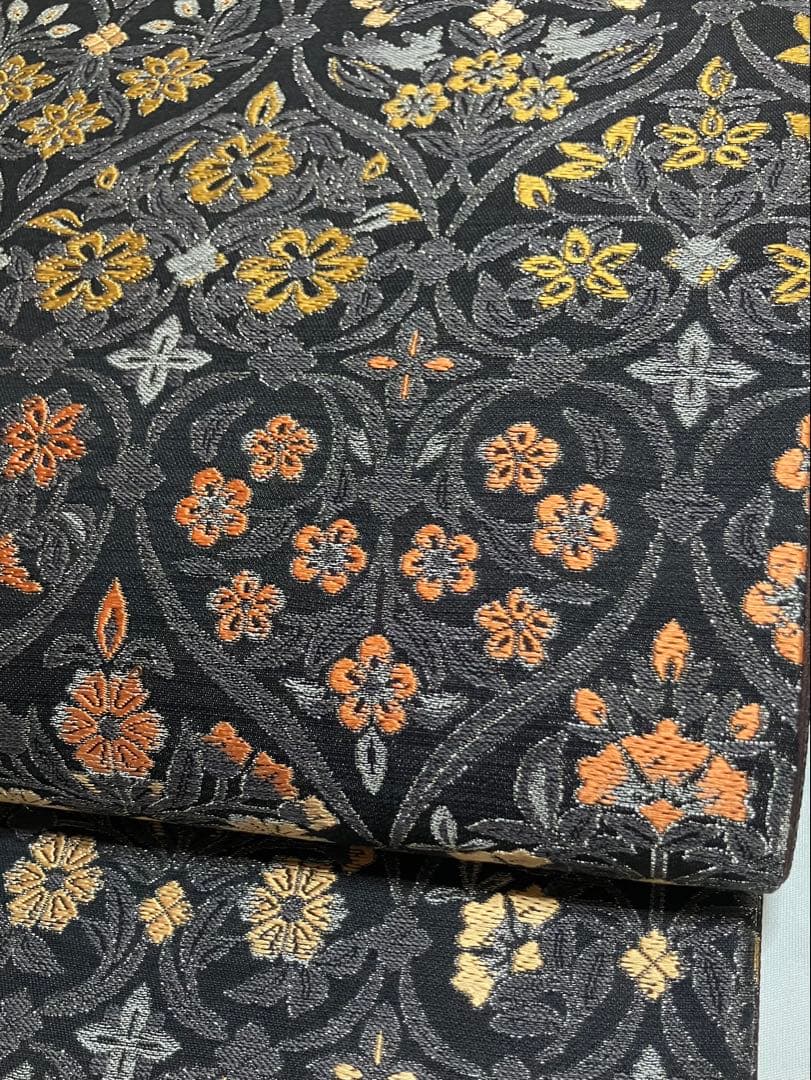 本草木柿渋染 伝統工芸士福本久人 袋帯 六通柄 正絹 花唐草 未使用 イ6371