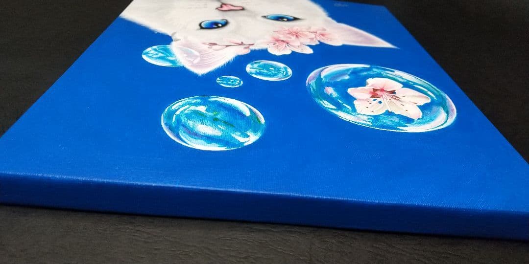 青い空さくら猫(キャンバス&アクリル絵の具)