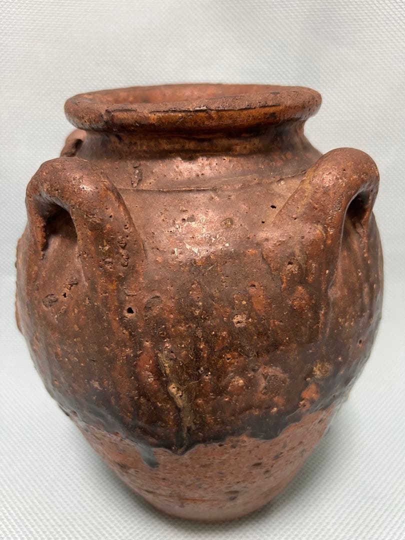 中国明朝（青釉 四耳壺）陶器 骨董品 時代物 高さ24cm解体整理品現状品のみ