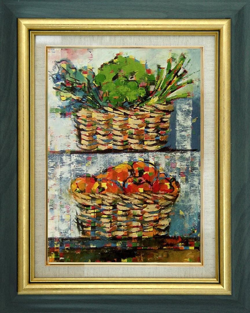 油絵菅家令子絵 絵画インテリア額付(青緑＋金色の枠)uF6-060903静物野菜