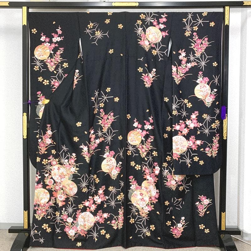 511z36〇振袖 地紋 桜 梅 丸文 黒 ピンク〇美品 成人式 結婚式