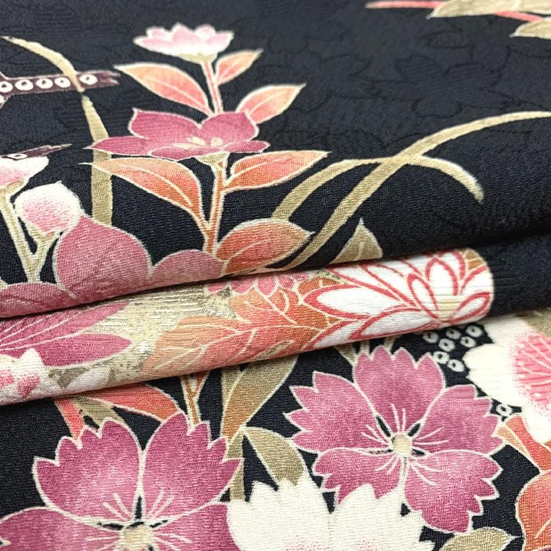 511z36〇振袖 地紋 桜 梅 丸文 黒 ピンク〇美品 成人式 結婚式