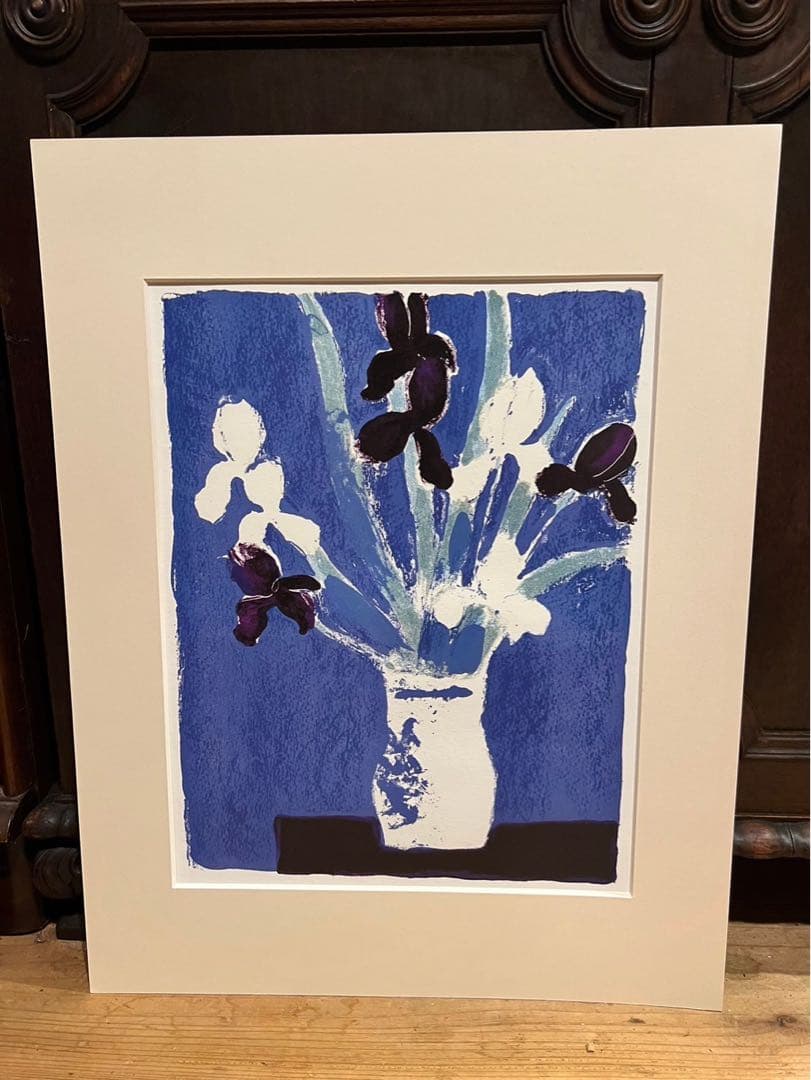 ベルナール カトラン 青い背景のアイリスの花束 2枚 セット 額縁 アート