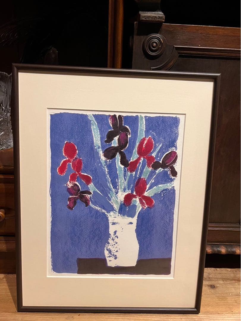 ベルナール カトラン 青い背景のアイリスの花束 2枚 セット 額縁 アート