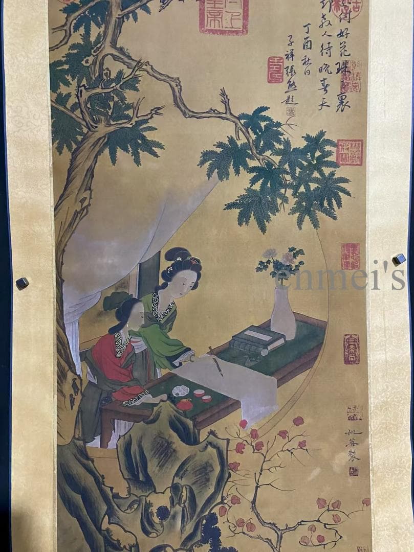 中国古美術 明代 仇英款 人物画 掛軸 絹布 唐物 古画 名家書画 水彩画 肉筆