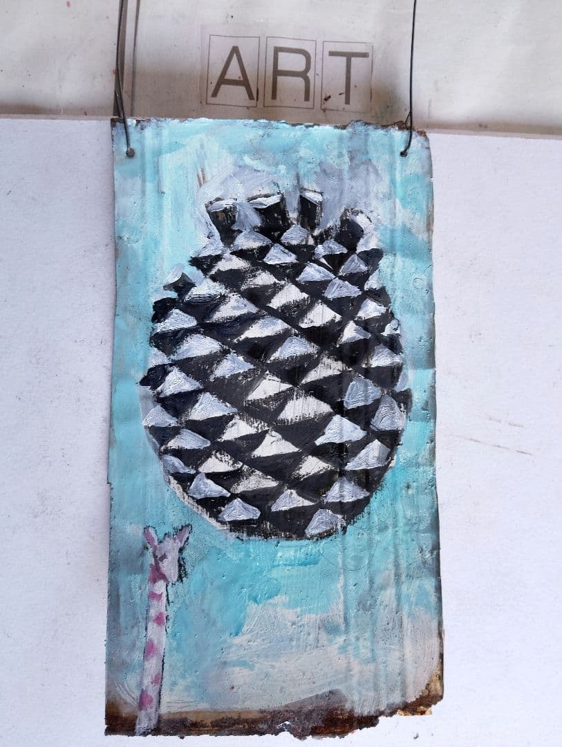 松ぼっくりとキリンの油彩画