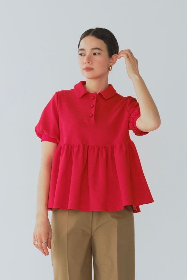 【試着のみ】 yori オーガニックコットンパイルポロカットソー 36 レッド