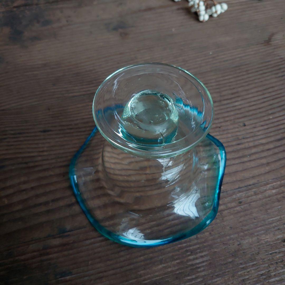 【ご成約】水色 花縁 碗形 氷コップとガラス匙、プレス皿 骨董の器 おまとめ