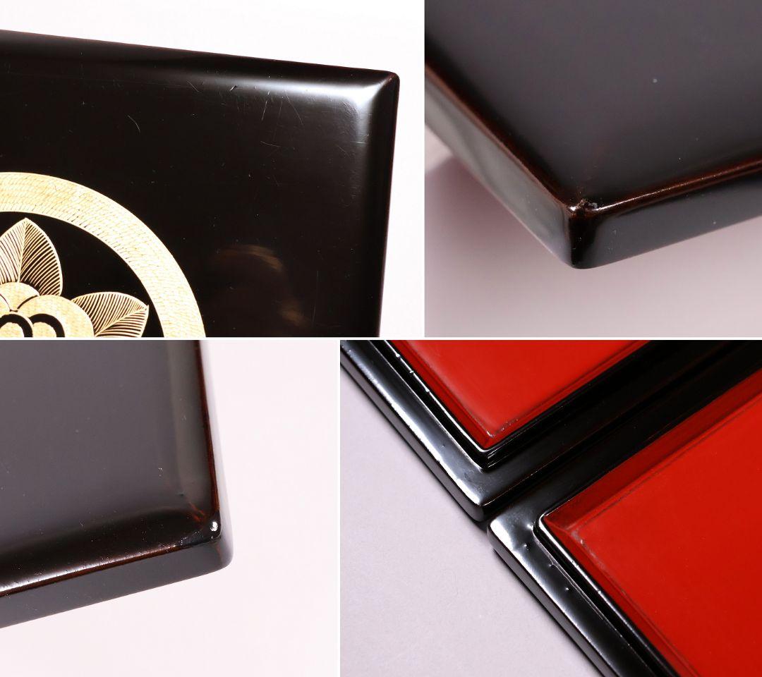 【MB37】輪島塗 丸に橘 家紋付 沈金 黒塗 内朱塗 五段重箱 蓋二枚 木製