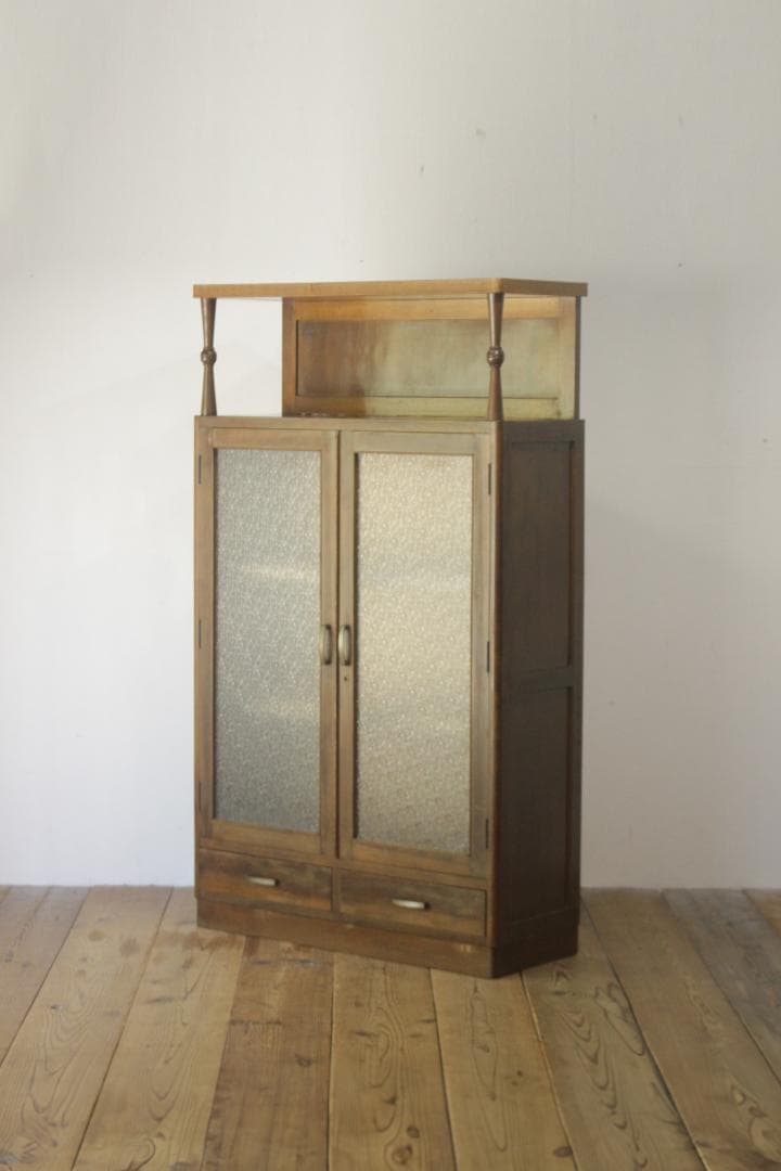 レトロ ガラスキャビネット 本箱 収納 食器棚 ダイヤガラス 引き出し 2杯