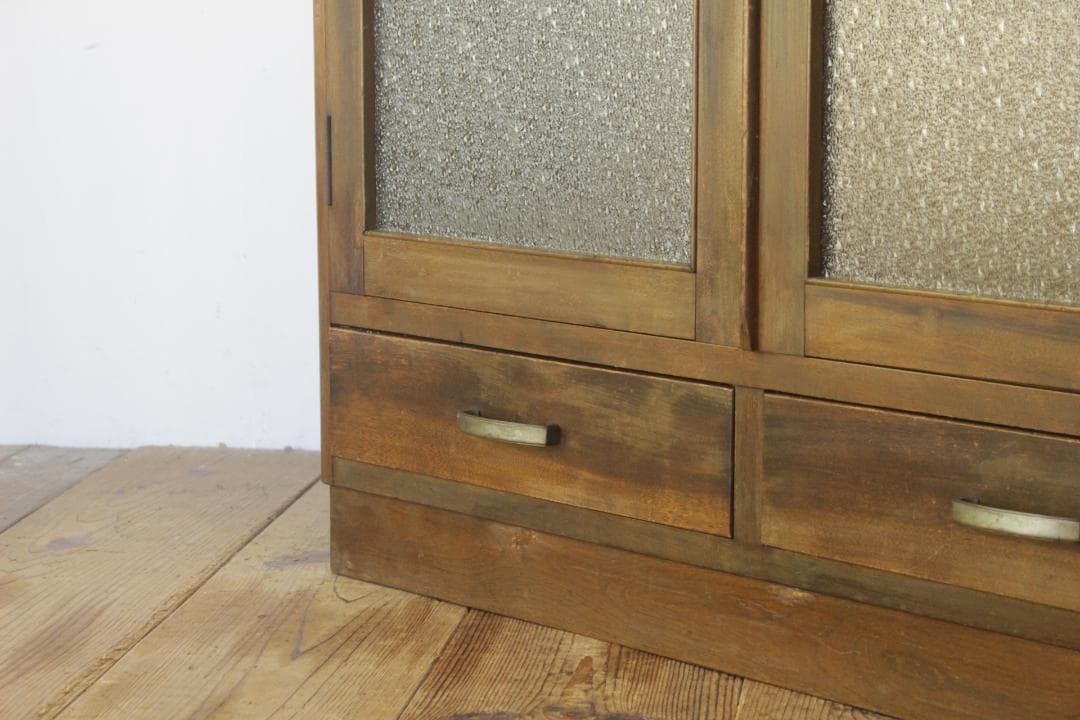 レトロ ガラスキャビネット 本箱 収納 食器棚 ダイヤガラス 引き出し 2杯