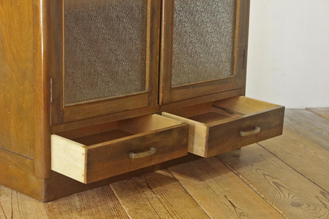 レトロ ガラスキャビネット 本箱 収納 食器棚 ダイヤガラス 引き出し 2杯