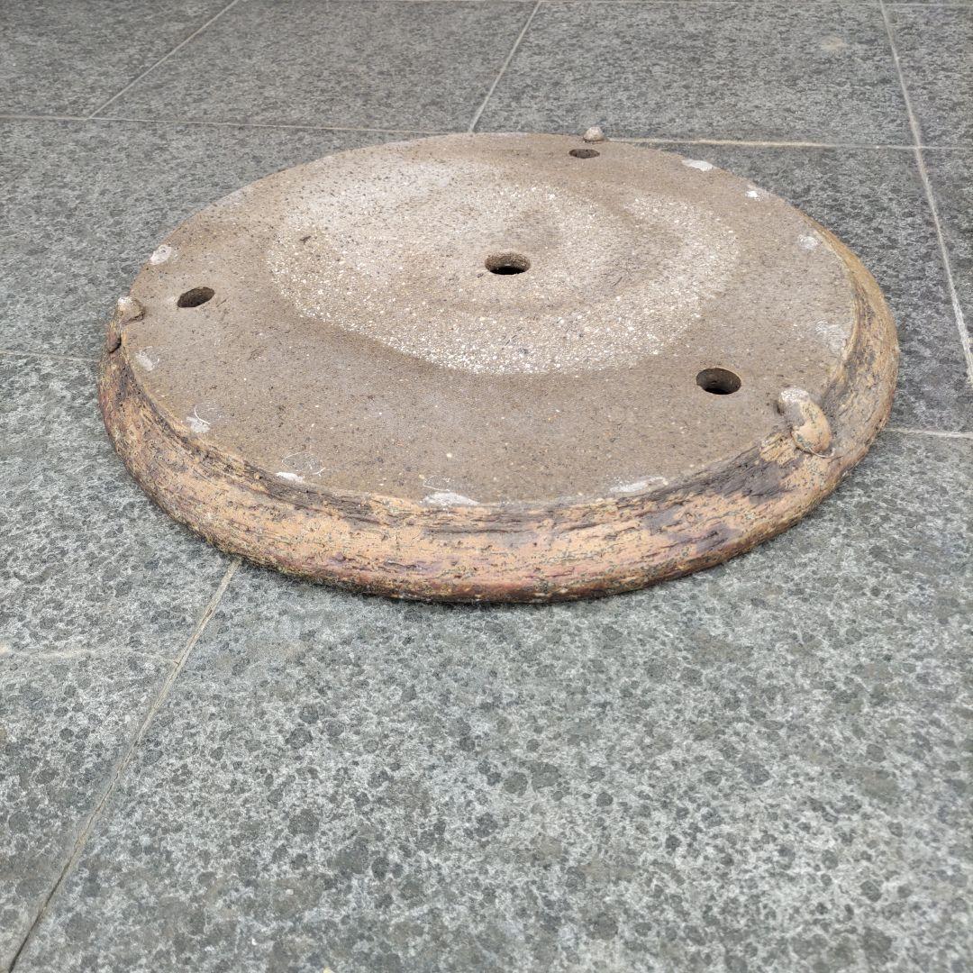 義村秀峰の盆栽鉢、山野草鉢、年代物、常滑焼、丸形皿鉢、和鉢、古鉢、民芸工芸士