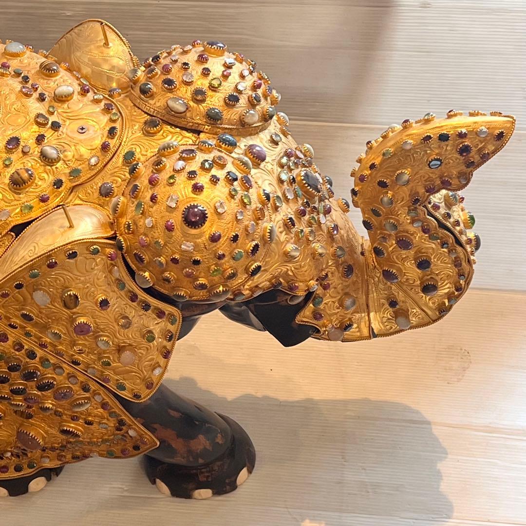 鑑定書あり　希少　中国美術 木彫 宝石飾 特大 象 置物 飾り物 インテリア