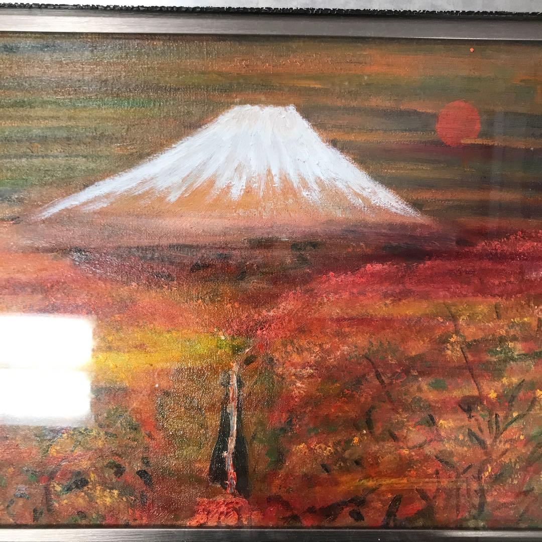 油彩画　真筆保証　富士山と滝と紅葉　自作絵画　堀口　守