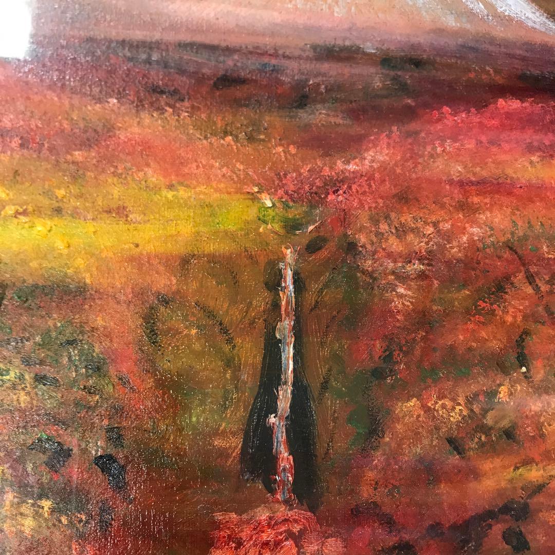 油彩画　真筆保証　富士山と滝と紅葉　自作絵画　堀口　守
