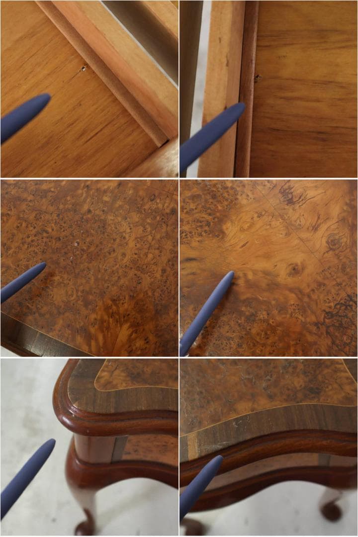 イタリア製クラシカル 美しい木目の象嵌 猫脚 コンソール デスク 引き出し付き