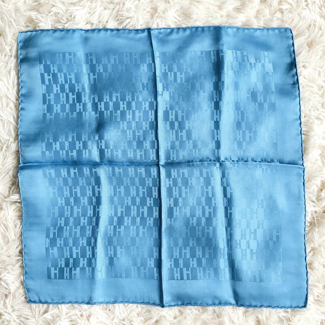 美品☆HERMESエルメス☆スカーフ/ポケットチーフ ブルー グランH プチカレ