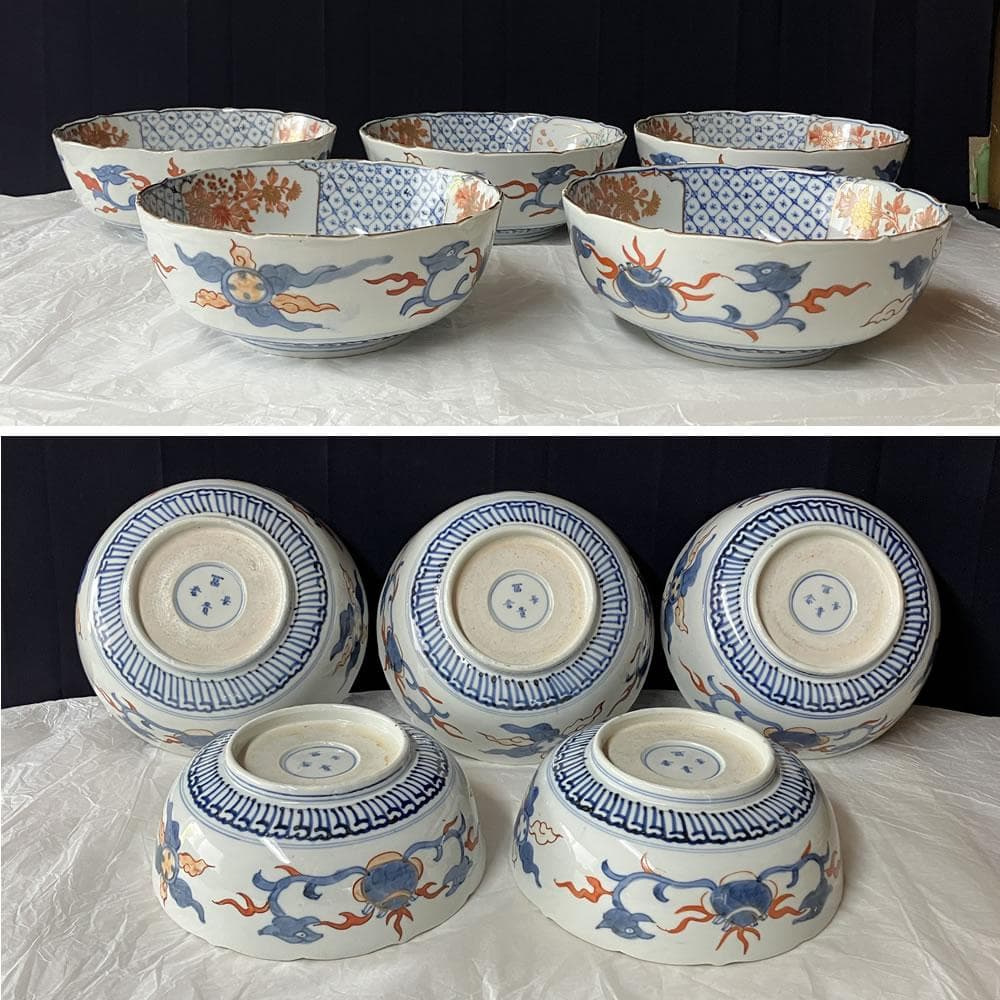 y039 古伊万里 色絵 鉢 五客 冨貴長春 口径18.5cm