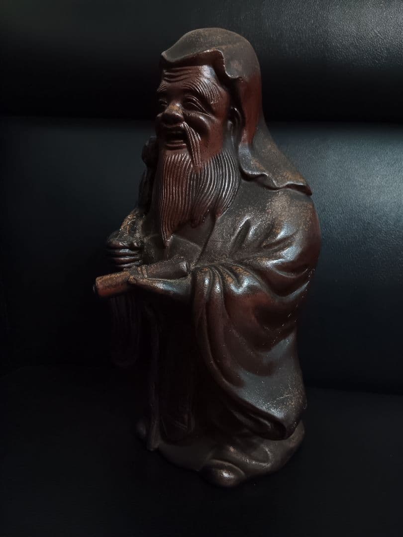 【大型 26cm】備前焼 七福神 寿老人 陶器 置物 縁起物 骨董品