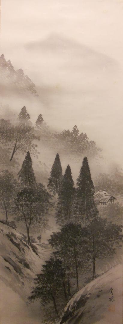 掛け軸 青楓 水墨山水 絹本 希少 軸装 茶道具 掛軸 美品 です。