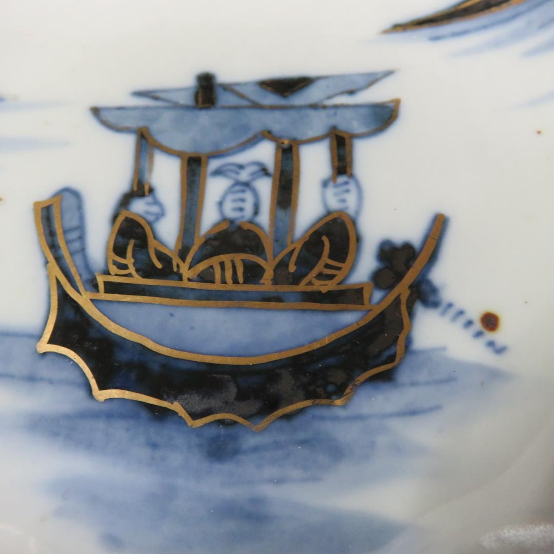 なます皿 4枚 染付 金彩 船 月 川 山水 風景絵図 古伊万里 窯傷