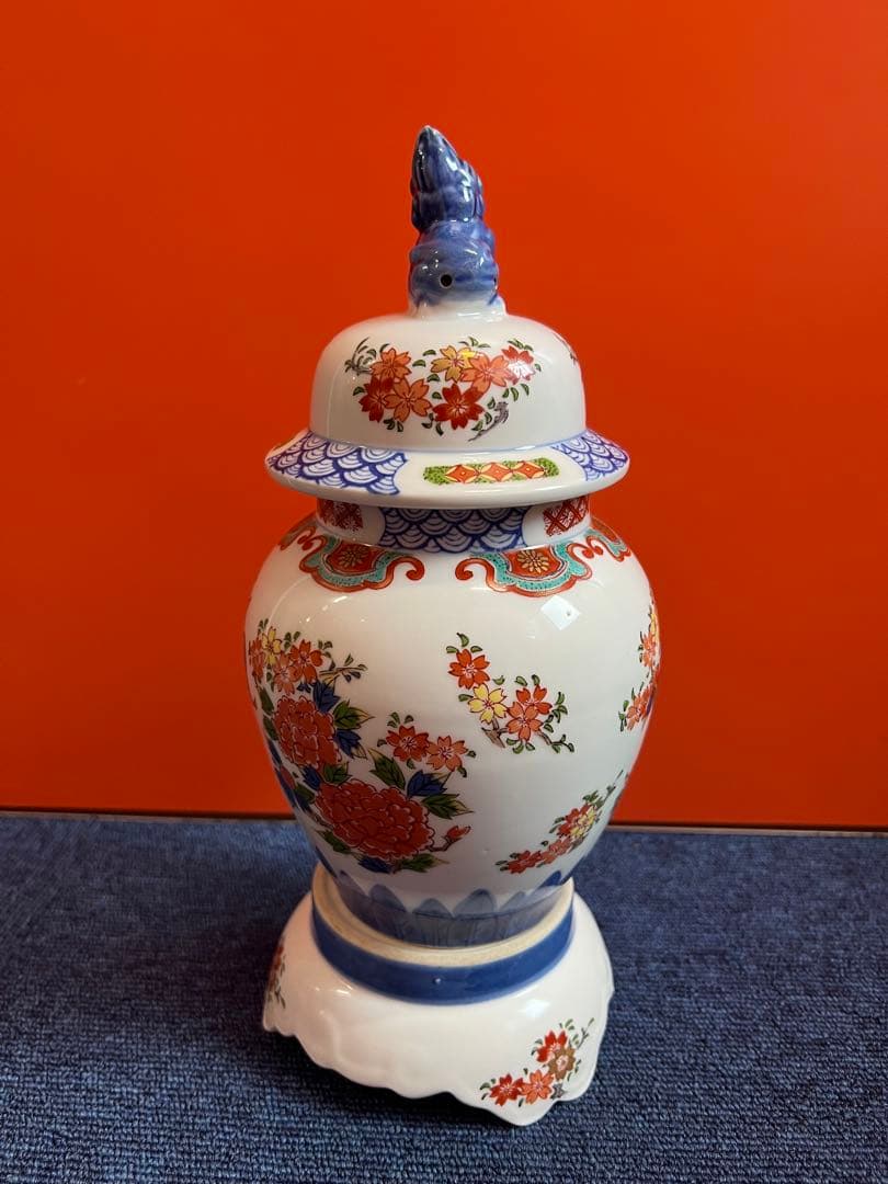 1348 九谷焼 良山作 染錦花鳥図壺 獅子蓋 三段壺 飾り壺