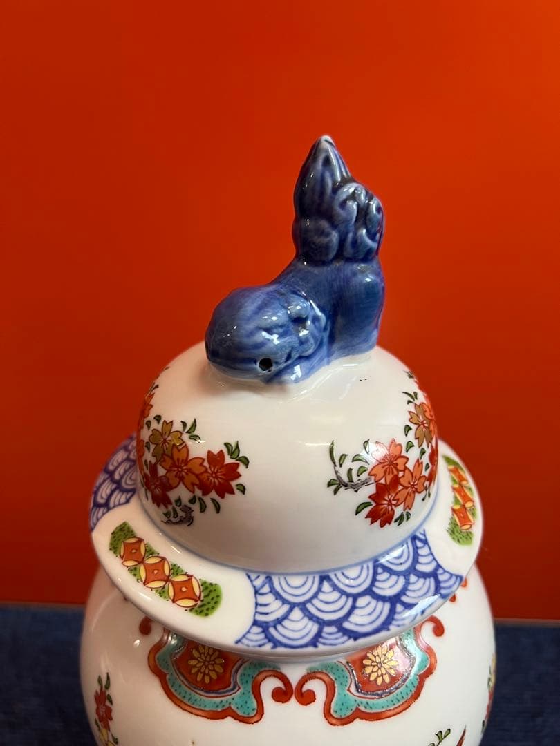 1348 九谷焼 良山作 染錦花鳥図壺 獅子蓋 三段壺 飾り壺
