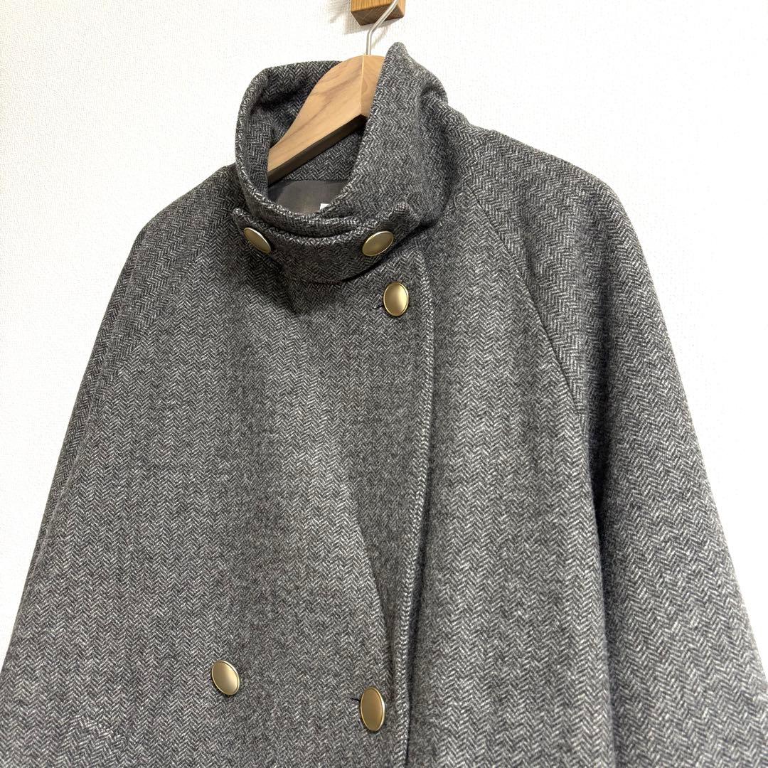 グローバルワーク✨軽やかストレッチ襟2WAYミドルコート　グレーミニヘリンボーン